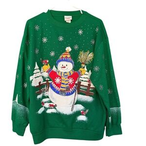Vintage Holiday Time Sweatshirt Womens Large Green Snowman Christmas USA 90s
